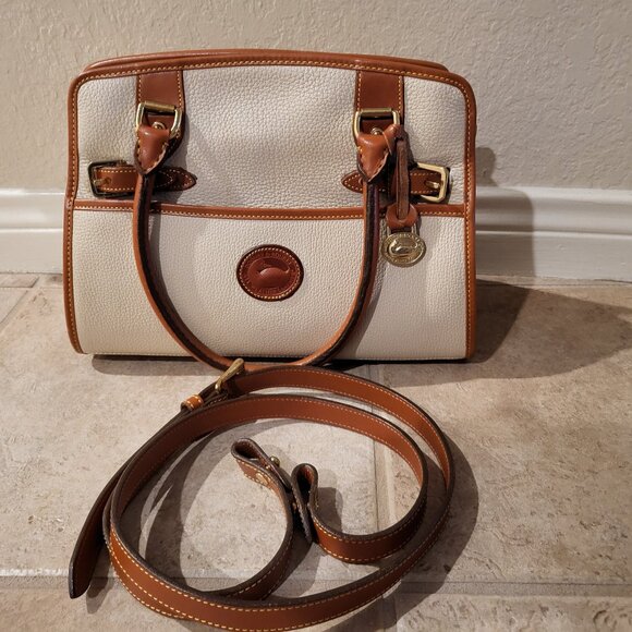 Dooney & Bourke AWL Satchel Ivory and Tan / Brown Gold Trim with Matching Wallet - Picture 1 of 14
